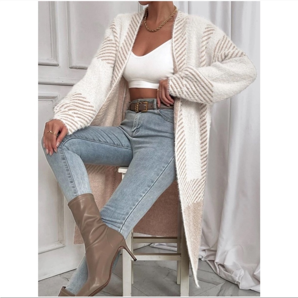 Cozy Khaki Color Block Stripes Fuzzy Open Front Cardigan XXS XS S M L XL
